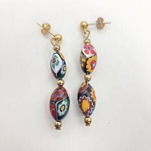 Millefiori Floral Multicolored Hand Blown Glass Murano Dangling Post Earrings